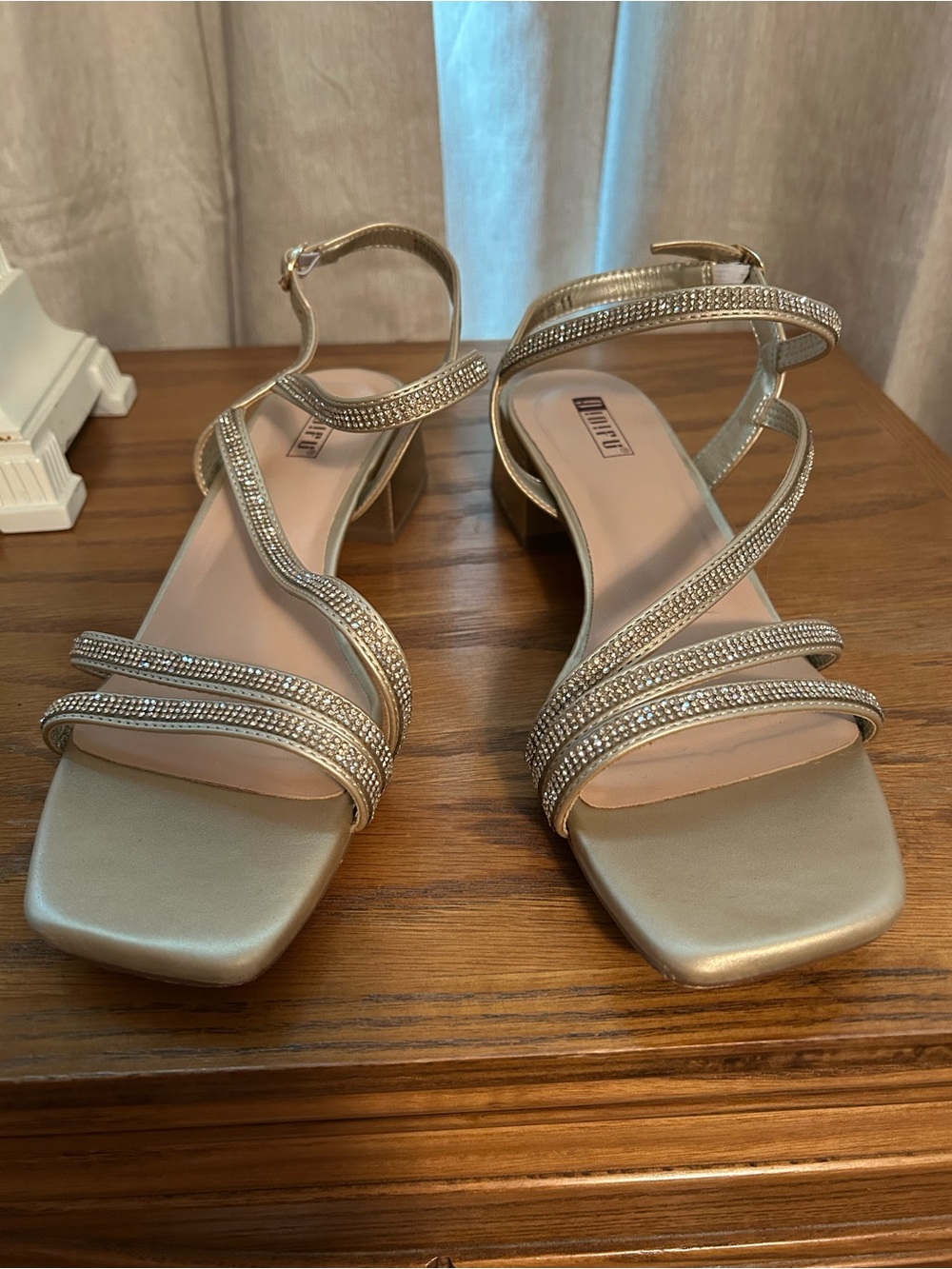 Strappy Embellished Block Heel Sandals - Gold